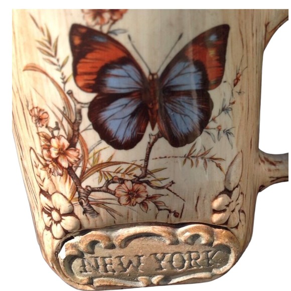 Vintage Treasure Craft New York Ceramic Coffee Mug Wood Grain Butterfly USA 3D - Picture 3 of 16
